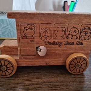Toystalgia Wooden Piggy Bank, Teddy Bus, Coin Holder, Music Player, Toy, 1990